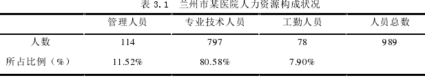 表 3.1  蘭州市某醫(yī)院人力資源構(gòu)成狀況