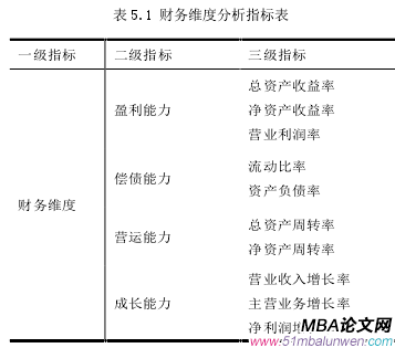 表 5.1 財務維度分析指標表