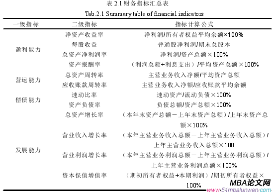 表 2.1 財務指標匯總表