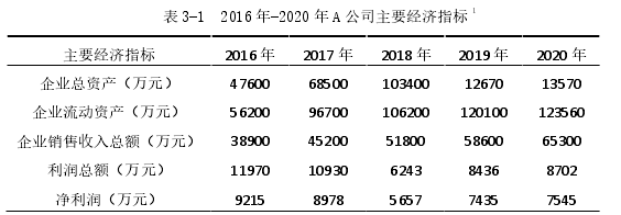 表 3-1  2016 年-2020 年 A 公司主要經濟指標