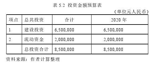 表 5.2 投資金額預(yù)算表